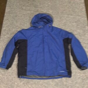 Lands End Mens Blue Colorblock Hooded Rain Jacket Windbreaker Size L 42-44